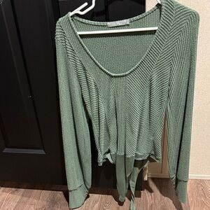 BKE Olive Ribbed Knit Blouse with Tie-Front